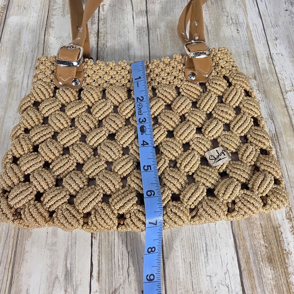 Shirley's Moda Beige Woven Macrame Shoulder Bag Tan Straps Silver Buckles - Picture 5 of 7
